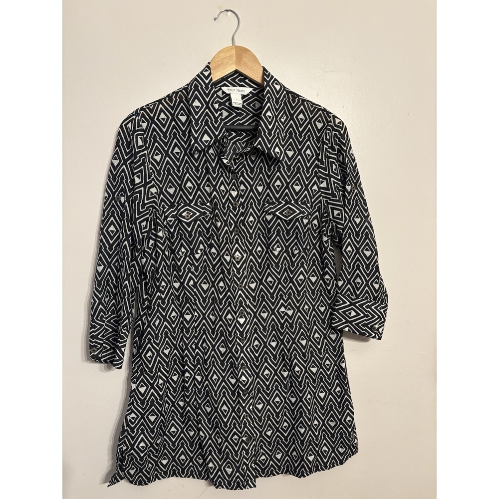 White House‎ Black Market Black White Patterned Silk Blend Tunic Roll Tab Size L